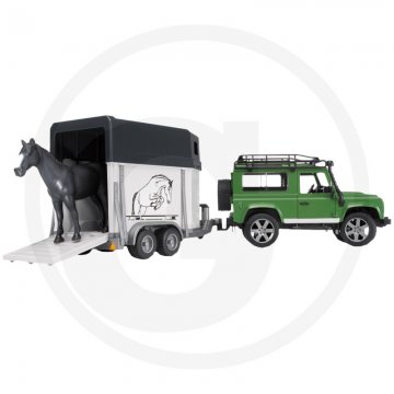 Bruder Land Rover Defender Station s přívěsem pro koně a 1 koněm